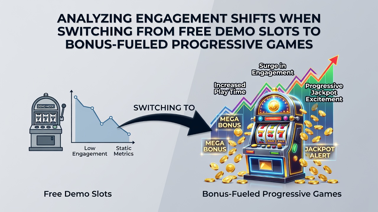 Graph showing player engagement metrics transitioning from free demo slots to progressive games with bonus features
