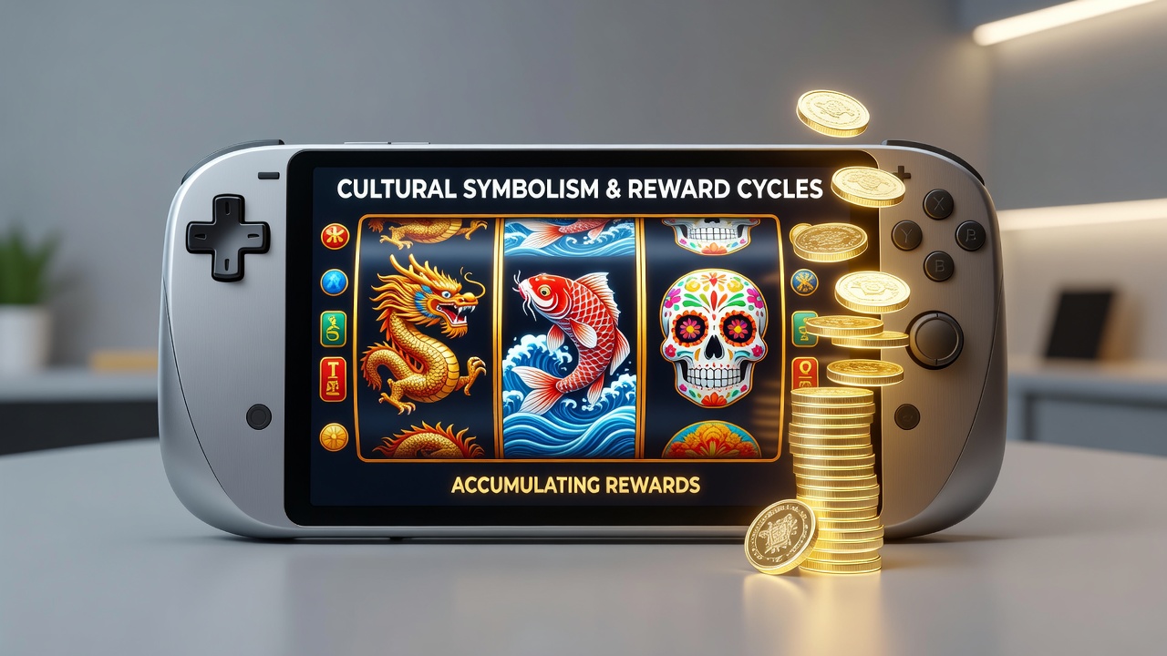 Mobile slot game interface displaying culturally inspired symbols like dragons and lotuses alongside accumulating reward meters