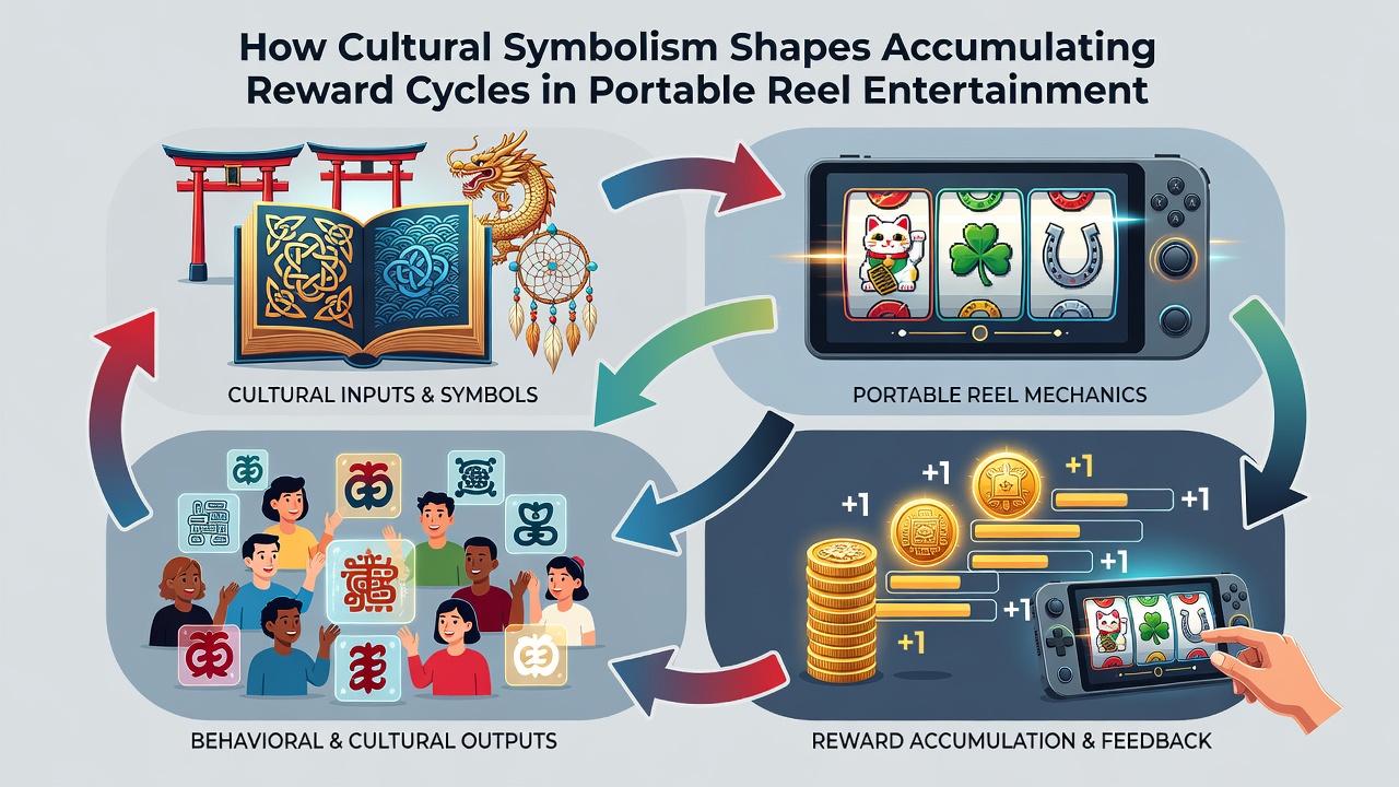Close-up view of portable device screen showing reel spins with cultural symbols feeding into a growing progressive reward display