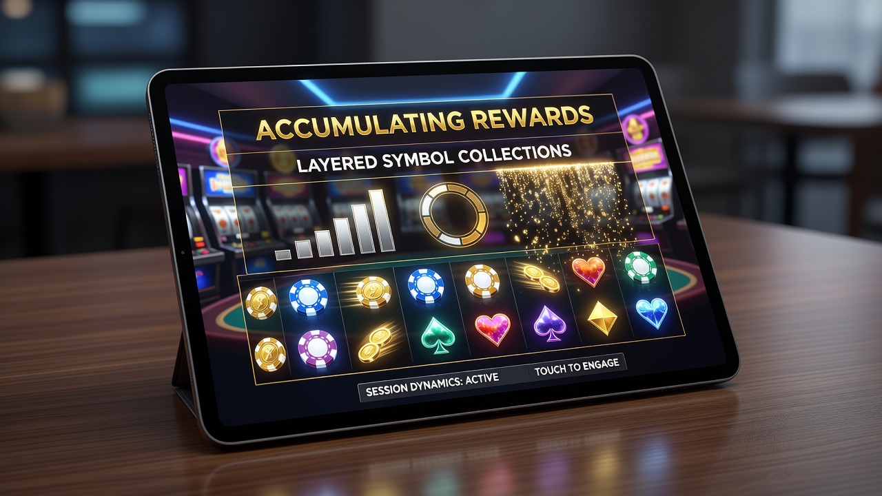 Illustration of layered symbols stacking on a touch screen slot interface with accumulating reward indicators