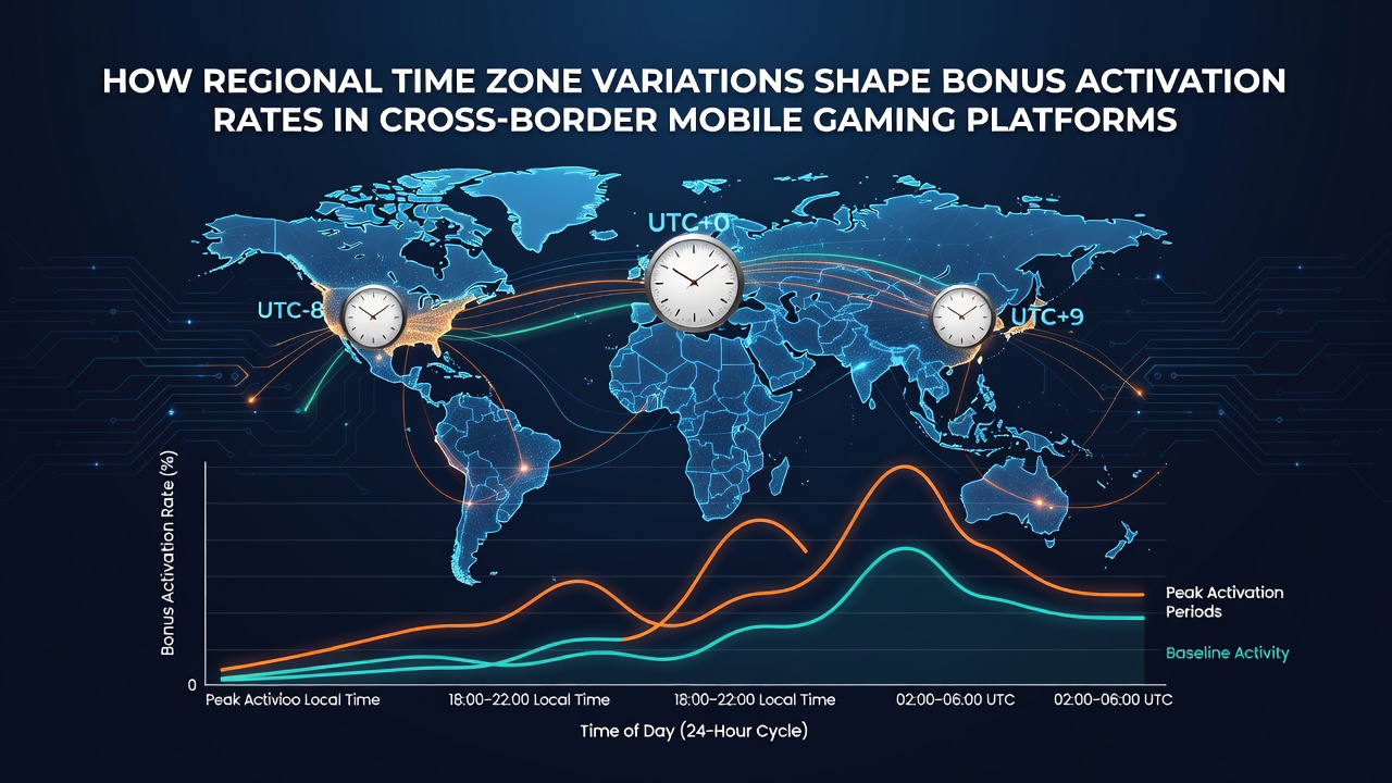 Graph displaying bonus activation rates plotted against time zones with mobile device icons