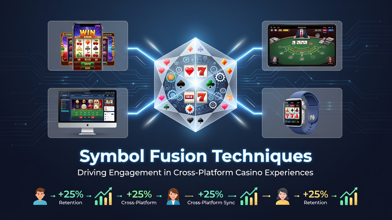 Visual representation of symbol fusion mechanics in cross-platform slot interfaces showing merged reel elements across mobile and desktop views
